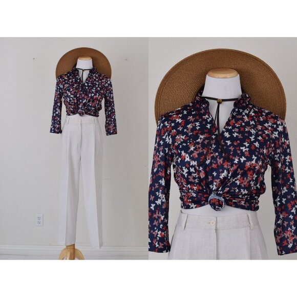 Vintage 80s Navy Floral Polyester Pullover Blouse size S - Picture 1 of 10